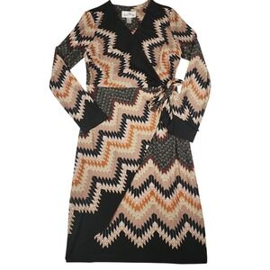 Joseph Ribkoff Dress Size 6 Zigzag Print Wrap Long Sleeve Midi Career